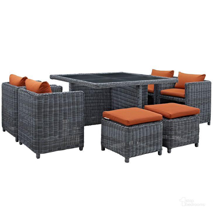 The appearance of Summon 9-Piece Outdoor Patio Sunbrella Dining Set In Canvas Tuscan designed by Modway in the modern / contemporary interior design. This canvas tuscan piece of furniture  was selected by 1StopBedrooms from Summon Collection to add a touch of cosiness and style into your home. Sku: EEI-1947-GRY-TUS-SET. Material: Rattan. Product Type: Outdoor Dining Set. Image1