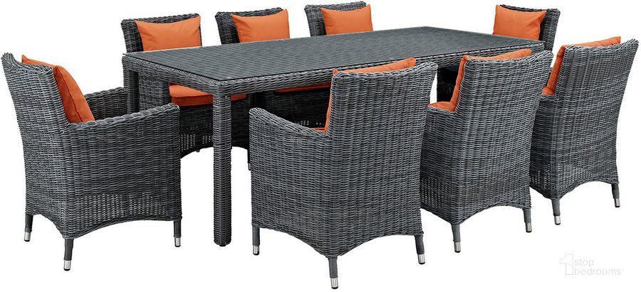 The appearance of Summon 9-Piece Outdoor Patio Sunbrella Dining Set In Canvas Tuscan designed by Modway in the modern / contemporary interior design. This canvas tuscan piece of furniture  was selected by 1StopBedrooms from Summon Collection to add a touch of cosiness and style into your home. Sku: EEI-2331-GRY-TUS-SET. Material: Rattan. Product Type: Outdoor Dining Set. Image1