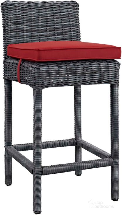 The appearance of Summon Gray and Red Outdoor Patio Sunbrella Bar Stool designed by Modway in the modern / contemporary interior design. This gray and red piece of furniture  was selected by 1StopBedrooms from Summon Collection to add a touch of cosiness and style into your home. Sku: EEI-1960-GRY-RED. Material: Rattan. Product Type: Outdoor Bar Furniture.