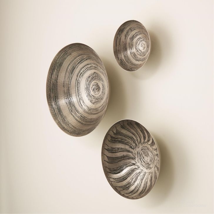 The appearance of Sun Etched Wall Bowls Set of 3 In Antique Nickel designed by Global Views in the modern / contemporary interior design. This nickel piece of furniture  was selected by 1StopBedrooms from Sun Collection to add a touch of cosiness and style into your home. Sku: 7.91067. Product Type: Bowl. Material: Brass. Image1