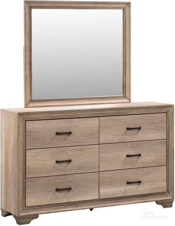 The appearance of Sun Valley Dresser And Mirror In Light Brown designed by Liberty in the transitional interior design. This light brown piece of furniture  was selected by 1StopBedrooms from Sun Valley Collection to add a touch of cosiness and style into your home. Sku: 439-BR31;439-BR51. Product Type: Dresser and Mirror. Material: Melamine. Image1