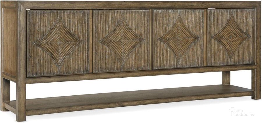 The appearance of Sundance Entertainment Console designed by Hooker in the transitional interior design. This dark wood piece of furniture  was selected by 1StopBedrooms from Sundance Collection to add a touch of cosiness and style into your home. Sku: 6015-55480-89. Material: Wood. Product Type: Console. Image1