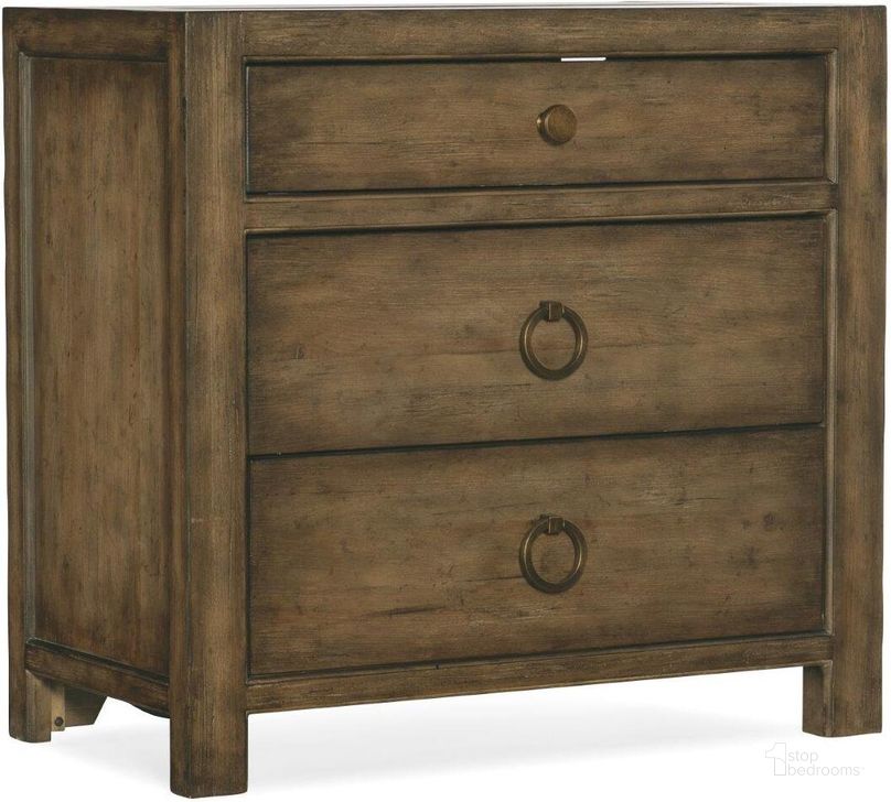 The appearance of Sundance Three-Drawer Nightstand designed by Hooker in the transitional interior design. This dark wood piece of furniture  was selected by 1StopBedrooms from Sundance Collection to add a touch of cosiness and style into your home. Sku: 6015-90016-89. Material: Wood. Product Type: Nightstand. Image1