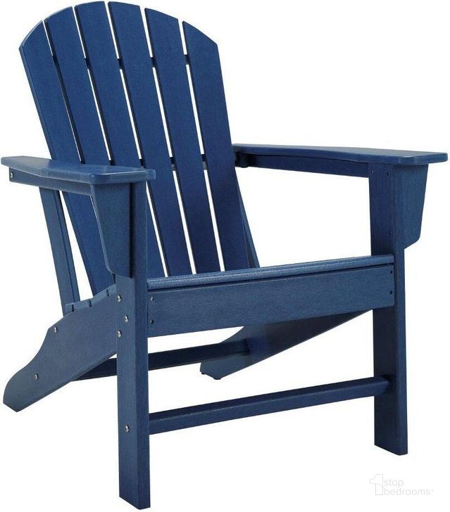 The appearance of Sundown Treasure Blue Outdoor Adirondack Chair designed by Signature Design by Ashley in the transitional interior design. This blue piece of furniture  was selected by 1StopBedrooms from Sundown Treasure Collection to add a touch of cosiness and style into your home. Sku: P009-898. Product Type: Outdoor Chair. Image1