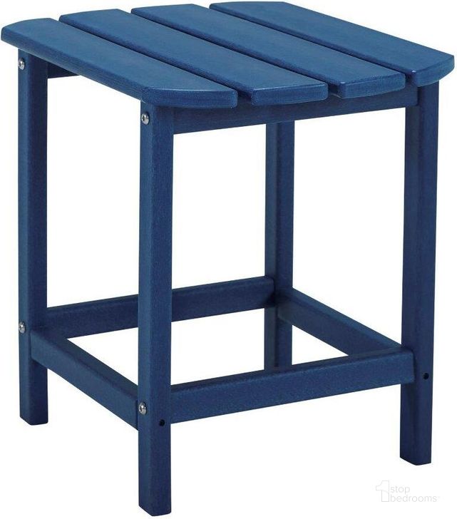 The appearance of Sundown Treasure Blue Outdoor End Table designed by Signature Design by Ashley in the transitional interior design. This blue piece of furniture  was selected by 1StopBedrooms from Sundown Treasure Collection to add a touch of cosiness and style into your home. Sku: P009-703. Product Type: Outdoor Table. Image1