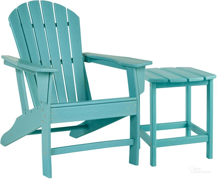 The appearance of Sundown Treasure Turquoise Adirondack Chair with End Table designed by Signature Design by Ashley in the modern / contemporary interior design. This turquoise piece of furniture  was selected by 1StopBedrooms from Sundown Treasure Collection to add a touch of cosiness and style into your home. Sku: P012-703;P012-898. Material: Wood. Product Type: Outdoor Set. Image1