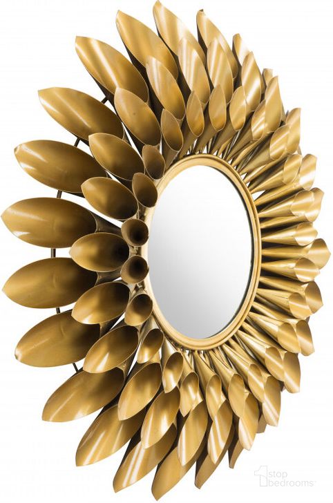The appearance of Sunflower Gold Round Mirror designed by Zuo Modern in the transitional interior design. This gold piece of furniture  was selected by 1StopBedrooms from Sunflower Collection to add a touch of cosiness and style into your home. Sku: A12213. Material: Steel. Product Type: Accent Mirror. Image1