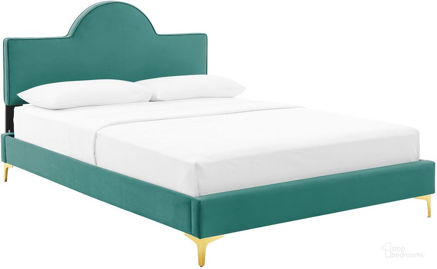 The appearance of Sunny Performance Velvet King Bed In Teal designed by Modway in the modern / contemporary interior design. This teal piece of furniture  was selected by 1StopBedrooms from Sunny Collection to add a touch of cosiness and style into your home. Sku: MOD-7029-TEA. Product Type: Bed. Bed Size: King. Material: MDF. Image1
