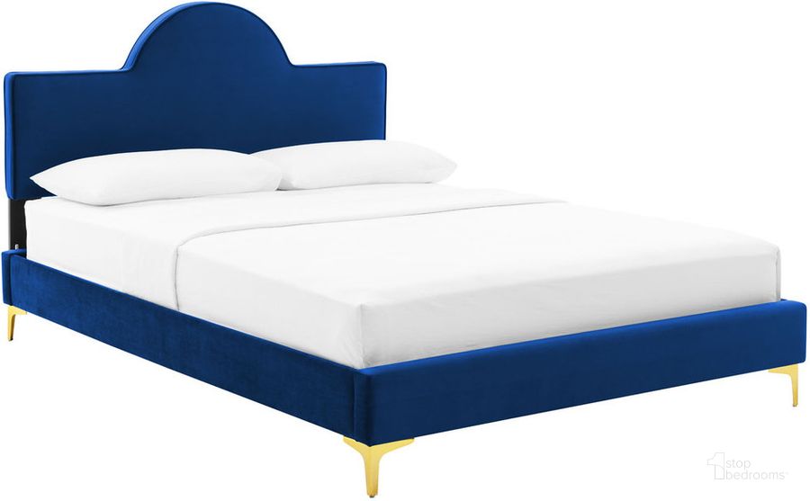The appearance of Sunny Performance Velvet Queen Bed In Navy designed by Modway in the modern / contemporary interior design. This navy piece of furniture  was selected by 1StopBedrooms from Sunny Collection to add a touch of cosiness and style into your home. Sku: MOD-6516-NAV. Product Type: Bed. Bed Size: Queen. Material: MDF. Image1