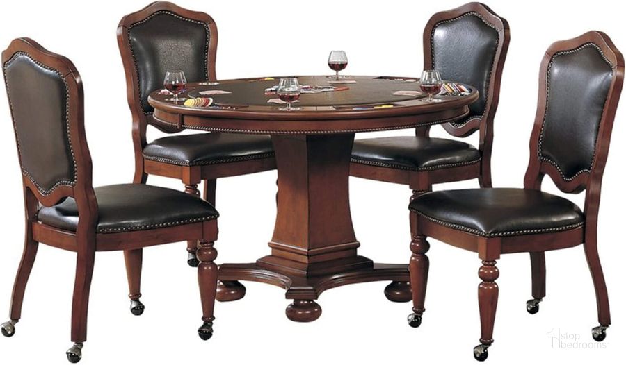 The appearance of Sunset Trading 5 Piece Bellagio Dining and Poker Table Set designed by Sunset Trading in the traditional interior design. This distressed brown piece of furniture  was selected by 1StopBedrooms from Bellagio Collection to add a touch of cosiness and style into your home. Sku: CR-87148-63;CR-87148-61;CR-87148-10-2;CR-87148-10-2. Material: Wood Veneer. Product Type: Game Table Set. Image1