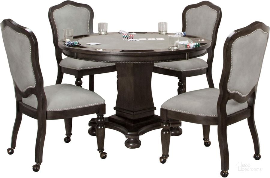 The appearance of Sunset Trading 5 Piece Vegas Dining and Poker Table Set designed by Sunset Trading in the traditional interior design. This grey piece of furniture  was selected by 1StopBedrooms from Vegas Collection to add a touch of cosiness and style into your home. Sku: CR-87711-63;CR-87711-61;CR-87711-05-2;CR-87711-05-2. Material: Wood Veneer. Product Type: Game Table Set. Image1