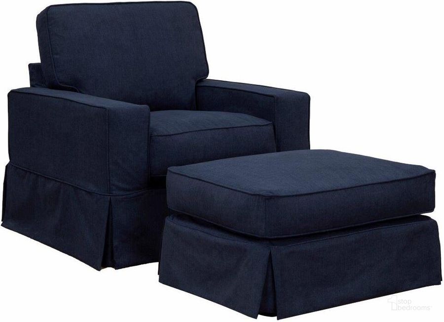 The appearance of Sunset Trading Americana Box Cushion Slipcovered Chair And Ottoman Set Stain Resistant Performance Fabric Navy Blue designed by Sunset Trading in the modern / contemporary interior design. This navy blue piece of furniture  was selected by 1StopBedrooms from Americana Collection to add a touch of cosiness and style into your home. Sku: SU-108520-391049;SU-108530-391049. Material: Wood. Product Type: Living Room Set. Image1