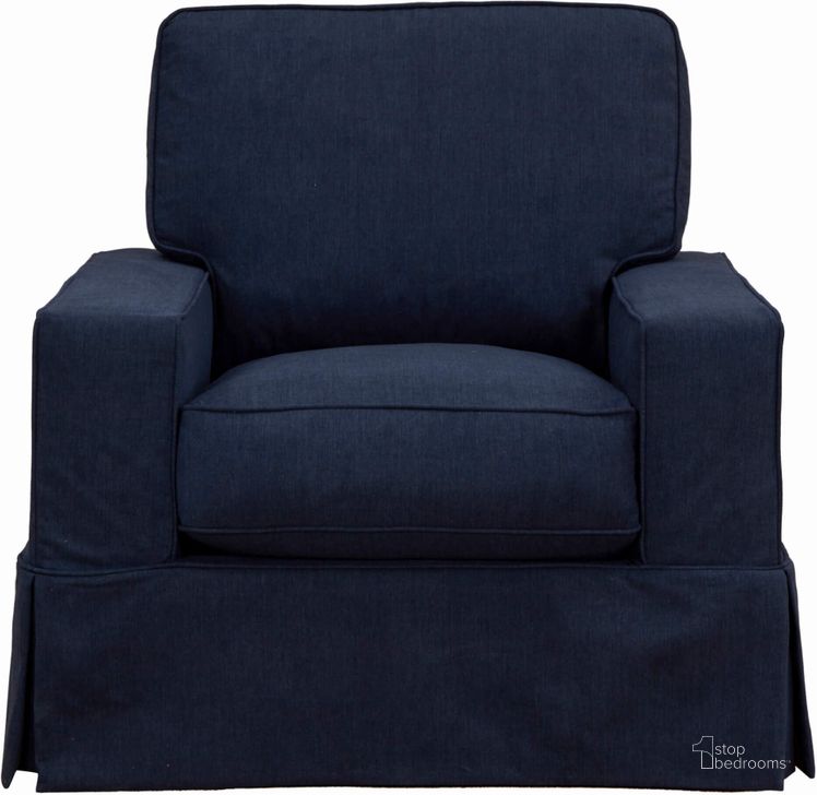 The appearance of Sunset Trading Americana Box Cushion Slipcovered Chair Stain Resistant Performance Fabric Navy Blue designed by Sunset Trading in the modern / contemporary interior design. This navy blue piece of furniture  was selected by 1StopBedrooms from Americana Collection to add a touch of cosiness and style into your home. Sku: SU-108520-391049. Material: Wood. Product Type: Accent Chair. Image1
