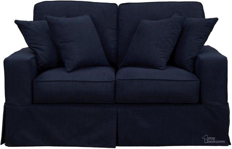 The appearance of Sunset Trading Americana Box Cushion Slipcovered Loveseat Stain Resistant Performance Fabric Navy Blue designed by Sunset Trading in the modern / contemporary interior design. This navy blue piece of furniture  was selected by 1StopBedrooms from Americana Collection to add a touch of cosiness and style into your home. Sku: SU-108510-391049. Material: Wood. Product Type: Loveseat. Image1