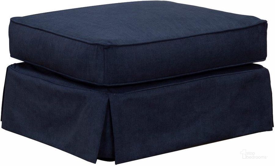 The appearance of Sunset Trading Americana Box Cushion Slipcovered Ottoman Stain Resistant Performance Fabric Navy Blue designed by Sunset Trading in the modern / contemporary interior design. This navy blue piece of furniture  was selected by 1StopBedrooms from Americana Collection to add a touch of cosiness and style into your home. Sku: SU-108530-391049. Material: Wood. Product Type: Ottoman. Image1