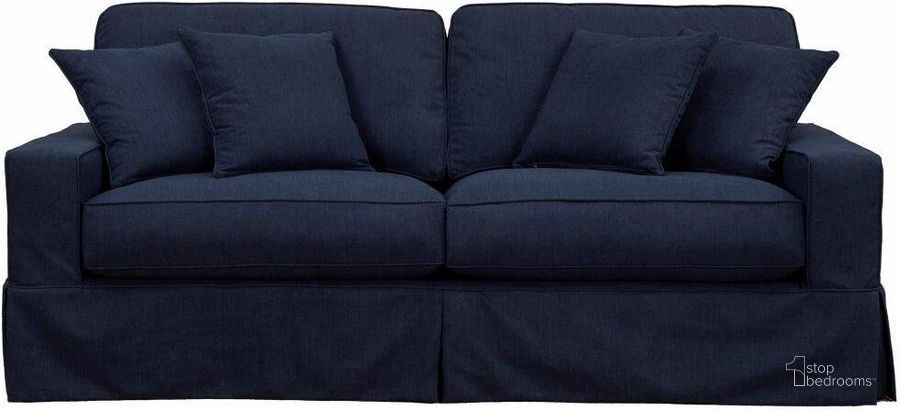 The appearance of Sunset Trading Americana Box Cushion Slipcovered Sofa Stain Resistant Performance Fabric Navy Blue designed by Sunset Trading in the modern / contemporary interior design. This navy blue piece of furniture  was selected by 1StopBedrooms from Americana Collection to add a touch of cosiness and style into your home. Sku: SU-108500-391049. Material: Wood. Product Type: Sofa. Image1
