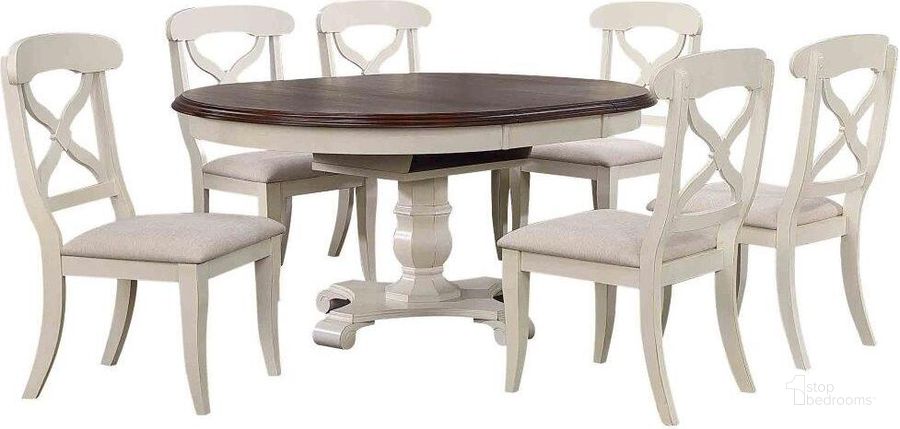 The appearance of Sunset Trading Andrews 7 Piece 48 Inch Round Or 66 Inch Oval Extendable Dining Set In Antique White and Chestnut designed by Sunset Trading in the traditional interior design. This antique white and chestnut piece of furniture  was selected by 1StopBedrooms from Andrews Collection to add a touch of cosiness and style into your home. Sku: DLU-ADW-TPB-4866-AW-B-1;DLU-ADW-TPB-4866-AW-B-2;DLU-ADW-TPB-4866-AW-T;DLU-ADW-C12-AW-RTA;DLU-ADW-C12-AW-RTA;DLU-ADW-C12-AW-RTA. Material: Wood. Product Type: Dining Room Set. Image1
