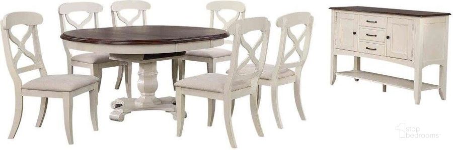 The appearance of Sunset Trading Andrews 8 Piece 48 Inch Round Or 66 Inch Oval Extendable Dining Set In Antique White and Chestnut designed by Sunset Trading in the transitional interior design. This antique white and chestnut piece of furniture  was selected by 1StopBedrooms from Andrews Collection to add a touch of cosiness and style into your home. Sku: DLU-ADW-TPB-4866-AW-B-1;DLU-ADW-TPB-4866-AW-B-2;DLU-ADW-TPB-4866-AW-T;DLU-ADW-C12-AW-RTA;DLU-ADW-C12-AW-RTA;DLU-ADW-C12-AW-RTA;DLU-ADW1122-SB-AW. Material: Wood. Product Type: Dining Room Set. Image1