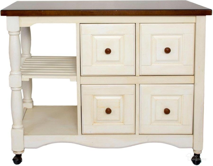 The appearance of Sunset Trading Andrews Four Drawer Kitchen Cart designed by Sunset Trading in the transitional interior design. This antique white piece of furniture  was selected by 1StopBedrooms from Andrews Collection to add a touch of cosiness and style into your home. Sku: DCY-CRT-03-AW. Material: Wood. Product Type: Kitchen Cart. Image1