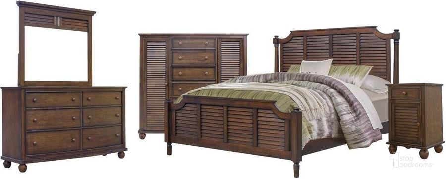 The appearance of Sunset Trading Bahama Shutter Wood 5 Piece King Bedroom Set designed by Sunset Trading in the country / farmhouse interior design. This walnut piece of furniture  was selected by 1StopBedrooms from Bahama Shutter Wood Collection to add a touch of cosiness and style into your home. Sku: CF-1106-0158;CF-1116-0158;CF-1121-0158;CF-1130-0158;CF-1134-0158;CF-1137-0158;CF-1142-0158. Bed Type: Poster Bed. Material: Wood. Product Type: Poster Bed. Bed Size: King. Image1