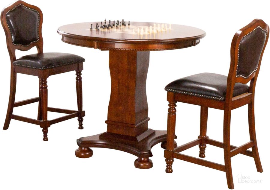 The appearance of Sunset Trading Bellagio 3 Piece 42 Inch Round Counter Height Dining and Chess and Poker Table Set designed by Sunset Trading in the modern / contemporary interior design. This distressed brown piece of furniture  was selected by 1StopBedrooms from Bellagio Collection to add a touch of cosiness and style into your home. Sku: CR-87148-62;CR-87148-64;CR-87148-24-RTA. Material: MDF. Product Type: Game Table Set. Image1