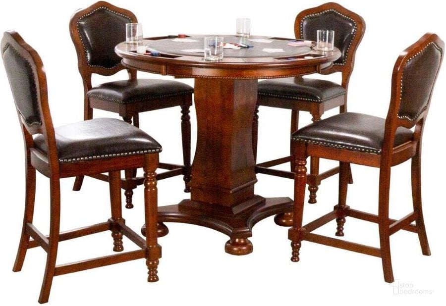 The appearance of Sunset Trading Bellagio 5 Piece 42 Inch Round Counter Height Dining and Chess and Poker Table Set designed by Sunset Trading in the modern / contemporary interior design. This distressed brown piece of furniture  was selected by 1StopBedrooms from Bellagio Collection to add a touch of cosiness and style into your home. Sku: CR-87148-62;CR-87148-64;CR-87148-24-RTA;CR-87148-24-RTA. Material: MDF. Product Type: Game Table Set. Image1