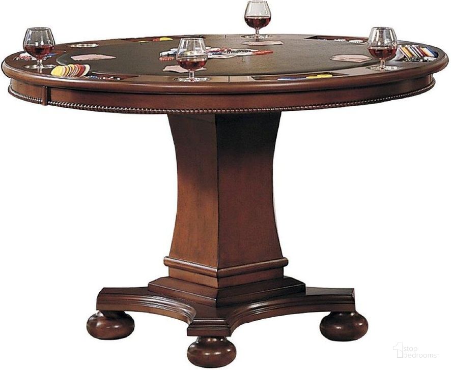 The appearance of Sunset Trading Bellagio Dining and Poker Table designed by Sunset Trading in the traditional interior design. This distressed brown piece of furniture  was selected by 1StopBedrooms from Bellagio Collection to add a touch of cosiness and style into your home. Sku: CR-87148-63;CR-87148-61. Table Base Style: Pedestal. Table Top Shape: Round. Product Type: Dining Table. Material: Wood Veneer. Size: 48". Image1