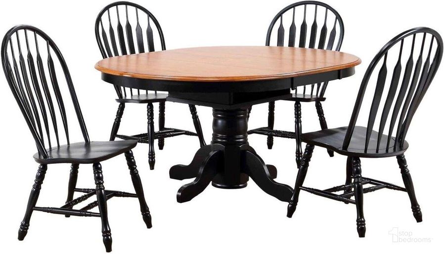 The appearance of Sunset Trading Black Cherry Selections 5 Piece Pedestal Dining Set with Comfort Back Chairs designed by Sunset Trading in the modern / contemporary interior design. This antique black and cherry piece of furniture  was selected by 1StopBedrooms from Black Cherry Selections Collection to add a touch of cosiness and style into your home. Sku: DLU-TBX-4266-BCH-T;DLU-TBX-4266-BCH-B;DLU-4130-AB-2;DLU-4130-AB-2. Material: Wood. Product Type: Dining Room Set. Image1