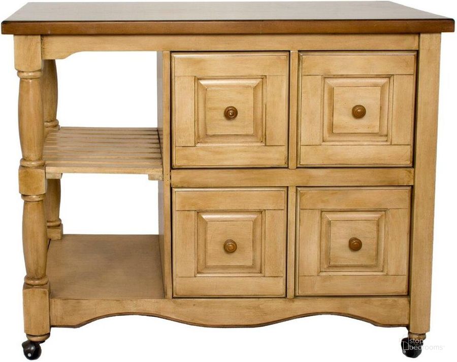 The appearance of Sunset Trading Brook Four Drawer Kitchen Cart designed by Sunset Trading in the country / farmhouse interior design. This wheat piece of furniture  was selected by 1StopBedrooms from Brook Collection to add a touch of cosiness and style into your home. Sku: DCY-CRT-03-PW. Material: Wood. Product Type: Kitchen Cart. Image1