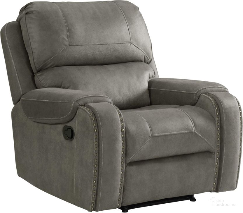 The appearance of Sunset Trading Calvin 41 Inch Wide Recliner Reclining Chair Nailheads Easy To Clean Gray Fabric designed by Sunset Trading in the modern / contemporary interior design. This gray piece of furniture  was selected by 1StopBedrooms from Calvin Collection to add a touch of cosiness and style into your home. Sku: SU-CL23004100-107. Product Type: Recliner. Material: Rubberwood. Image1