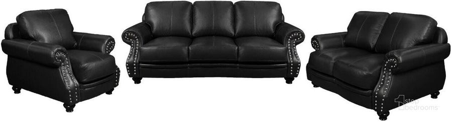 The appearance of Sunset Trading Charleston 3 Piece Top Grain Leather Living Room Set Black Rolled Arm Sofa Loveseat And Chair With Nailheads designed by Sunset Trading in the modern / contemporary interior design. This black piece of furniture  was selected by 1StopBedrooms from Charleston Collection to add a touch of cosiness and style into your home. Sku: SU-CR2130-3780-100LFE;SU-CR2130-3780-200LFE;SU-CR2130-3780-300LFE. Product Type: Living Room Set. Material: Rubberwood. Image1
