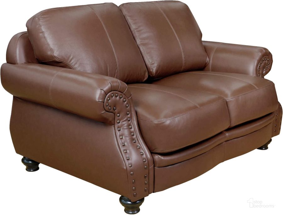 The appearance of Sunset Trading Charleston 63 Inch Wide Top Grain Leather Loveseat Chestnut Brown Rolled Arm Small Couch With Nailheads designed by Sunset Trading in the modern / contemporary interior design. This chestnut brown piece of furniture  was selected by 1StopBedrooms from Charleston Collection to add a touch of cosiness and style into your home. Sku: SU-CR2130-3786-200BNLFE. Product Type: Loveseat. Material: Rubberwood. Image1