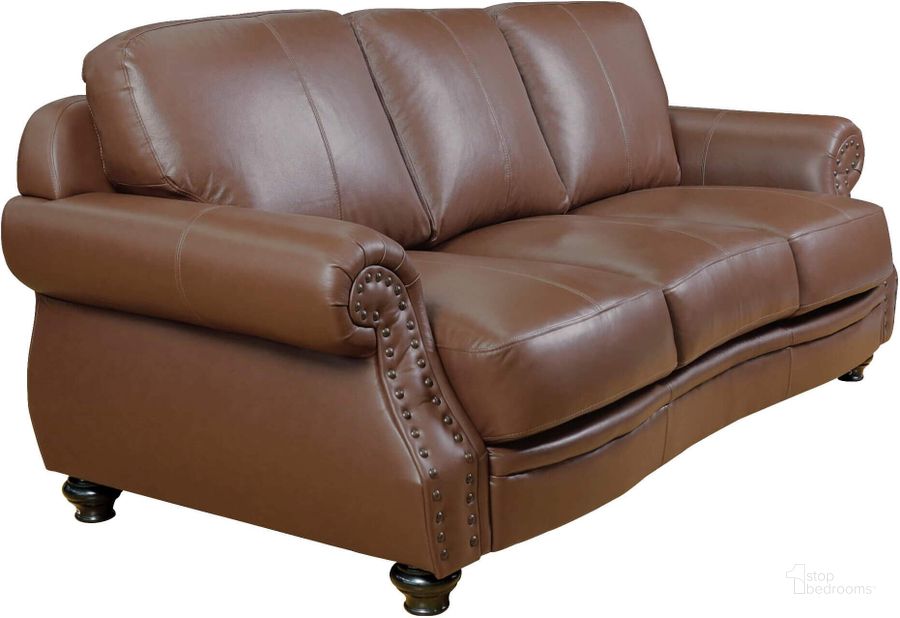 The appearance of Sunset Trading Charleston 86 Inch Wide Top Grain Leather Sofa Chestnut Brown 3 Seater Rolled Arm Couch With Nailheads designed by Sunset Trading in the modern / contemporary interior design. This chestnut brown piece of furniture  was selected by 1StopBedrooms from Charleston Collection to add a touch of cosiness and style into your home. Sku: SU-CR2130-3786-300BNLFE. Product Type: Sofa. Material: Rubberwood. Image1