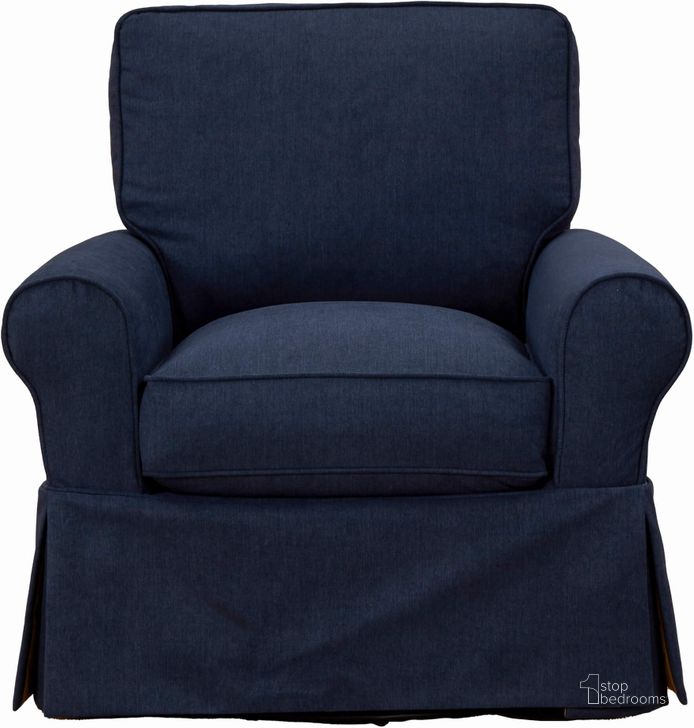 The appearance of Sunset Trading Horizon Slipcovered Swivel Rocking Chair Stain Resistant Performance Fabric Navy Blue designed by Sunset Trading in the traditional interior design. This navy blue piece of furniture  was selected by 1StopBedrooms from Horizon Collection to add a touch of cosiness and style into your home. Sku: SU-114993-391049. Material: Wood. Product Type: Swivel Chair. Image1
