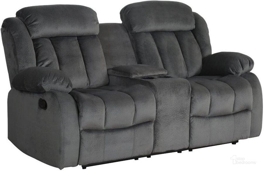 The appearance of Sunset Trading Madison Reclining Loveseat with Console designed by Sunset Trading in the modern / contemporary interior design. This charcoal gray piece of furniture  was selected by 1StopBedrooms from Madison Collection to add a touch of cosiness and style into your home. Sku: SU-LN550-206. Material: Wood. Product Type: Reclining Loveseat. Image1