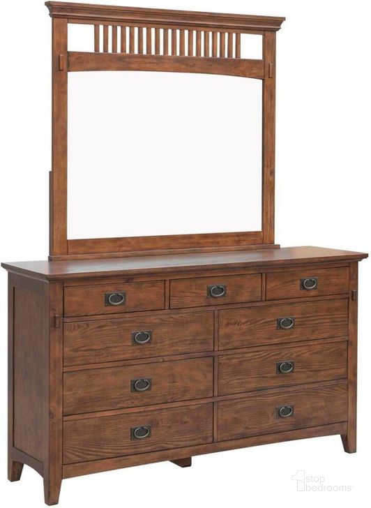 The appearance of Sunset Trading Mission Bay 9 Drawer Double Bedroom Dresser With Beveled Mirror Amish Brown Solid Wood designed by Sunset Trading in the transitional interior design. This brown piece of furniture  was selected by 1StopBedrooms from Mission Bay Collection to add a touch of cosiness and style into your home. Sku: CF-4930-0877;CF-4934-0877. Material: Wood. Product Type: Dresser and Mirror. Image1