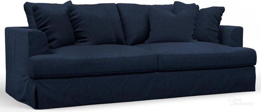 The appearance of Sunset Trading Newport Slipcovered Recessed Fin Arm 94 Inch Sofa Stain Resistant Performance Fabric 4 Throw Pillows Navy Blue designed by Sunset Trading in the modern / contemporary interior design. This navy blue piece of furniture  was selected by 1StopBedrooms from Newport Collection to add a touch of cosiness and style into your home. Sku: SY-130000-3910-49. Material: Wood. Product Type: Sofa. Image1