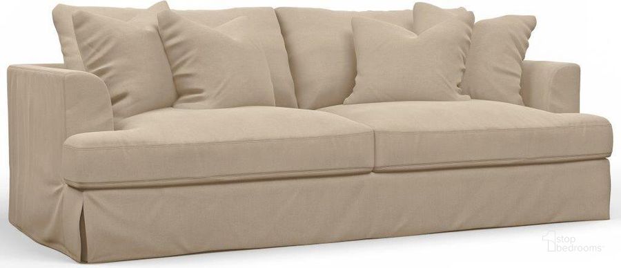 The appearance of Sunset Trading Newport Slipcovered Recessed Fin Arm 94 Inch Sofa Stain Resistant Performance Fabric 4 Throw Pillows Tan designed by Sunset Trading in the modern / contemporary interior design. This tan piece of furniture  was selected by 1StopBedrooms from Newport Collection to add a touch of cosiness and style into your home. Sku: SY-130000-3910-84. Material: Wood. Product Type: Sofa. Image1