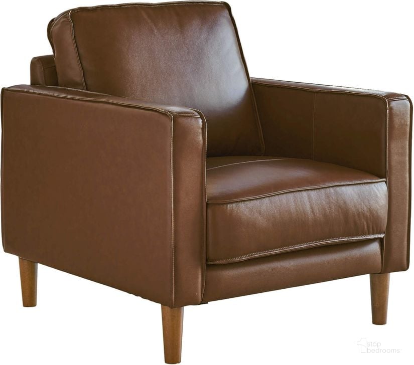 The appearance of Sunset Trading Prelude 32 Inch Wide Top Grain Leather Armchair Chestnut Brown Mid Century Modern Accent Chair Small Space Living Room Furniture designed by Sunset Trading in the modern / contemporary interior design. This chestnut brown piece of furniture  was selected by 1StopBedrooms from Prelude Collection to add a touch of cosiness and style into your home. Sku: SU-PR15070-3786-100E. Product Type: Arm Chair. Material: Rubberwood. Image1