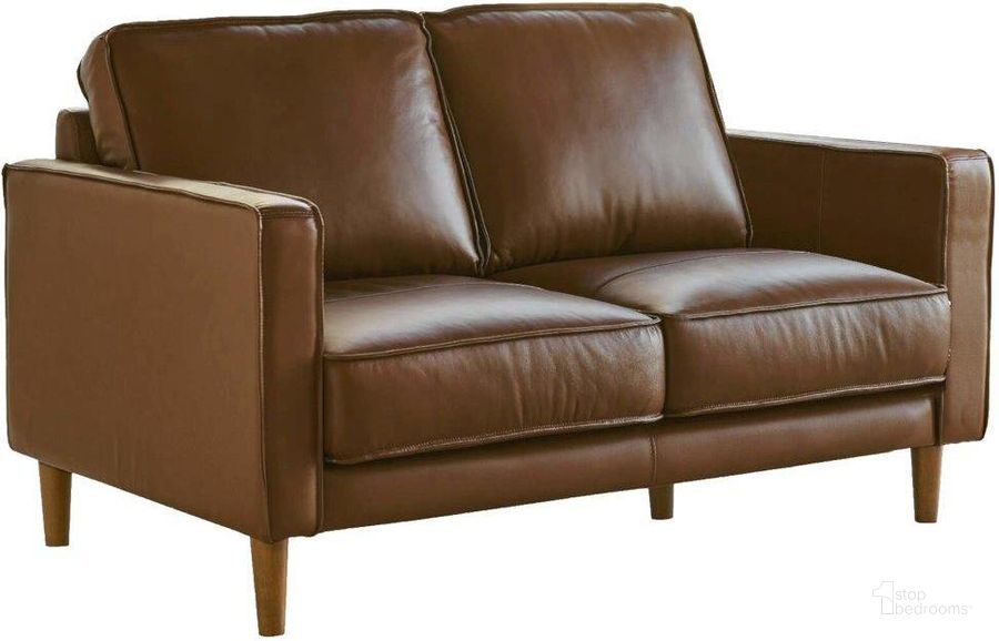 The appearance of Sunset Trading Prelude 55 Inch Wide Top Grain Leather Loveseat Chestnut Brown Mid Century Modern Small Couch designed by Sunset Trading in the modern / contemporary interior design. This chestnut brown piece of furniture  was selected by 1StopBedrooms from Prelude Collection to add a touch of cosiness and style into your home. Sku: SU-PR15070-3786-200E. Product Type: Loveseat. Material: Rubberwood. Image1