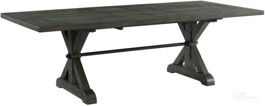 The appearance of Sunset Trading Trestle 96 Inch Rectangular Extension Pedestal Dining Table Distressed Gray Wood designed by Sunset Trading in the modern / contemporary interior design. This gray piece of furniture  was selected by 1StopBedrooms from Trestle Collection to add a touch of cosiness and style into your home. Sku: ED-SK100T;ED-SK100B. Table Base Style: Trestle. Material: Wood. Product Type: Dining Table. Table Top Shape: Rectangular. Size: 96". Image1