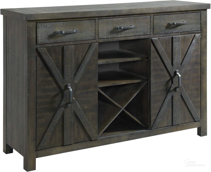 The appearance of Sunset Trading Trestle Server With 20 Bottle Wine Rack Sideboard Dining Storage Cabinet Shelves Drawers Distressed Gray Wood designed by Sunset Trading in the modern / contemporary interior design. This gray piece of furniture  was selected by 1StopBedrooms from Trestle Collection to add a touch of cosiness and style into your home. Sku: ED-SKSER. Material: Wood. Product Type: Wine Rack. Image1