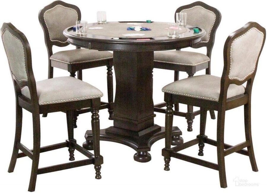 The appearance of Sunset Trading Vegas 5 Piece 42 Inch Round Counter Height Dining and Chess and Poker Table Set designed by Sunset Trading in the modern / contemporary interior design. This distressed grey piece of furniture  was selected by 1StopBedrooms from Vegas Collection to add a touch of cosiness and style into your home. Sku: CR-87711-62;CR-87711-64;CR-87711-24-RTA;CR-87711-24-RTA. Material: MDF. Product Type: Game Table Set. Image1