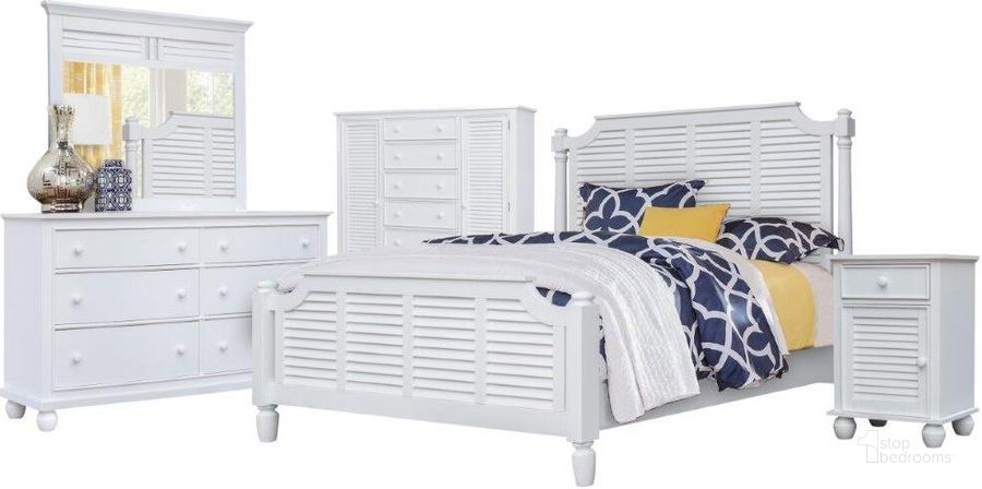 The appearance of Sunset Trading White Shutter Wood 5 Piece Queen Bedroom Set CF-1105-0150-Q5P designed by Sunset Trading in the country / farmhouse interior design. This white piece of furniture  was selected by 1StopBedrooms from White Shutter Wood Collection to add a touch of cosiness and style into your home. Sku: CF-1105-0150;CF-1115-0150;CF-1121-0150;CF-1130-0150;CF-1134-0150;CF-1137-0150;CF-1142-0150. Bed Type: Poster Bed. Product Type: Poster Bed. Bed Size: Queen. Material: MDF. Image1