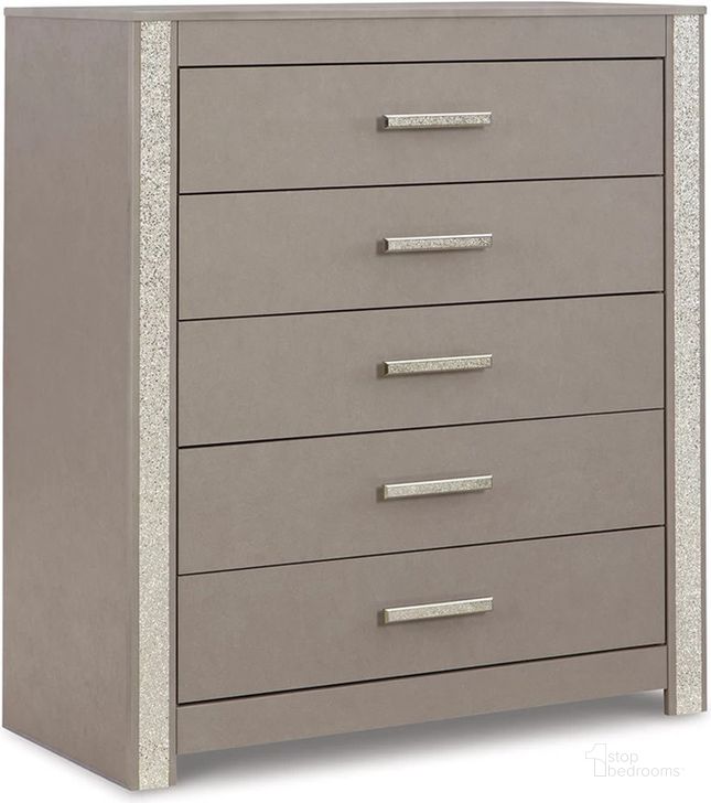 The appearance of Surancha Gray Five Drawer Wide Chest designed by Signature Design by Ashley in the modern / contemporary interior design. This gray piece of furniture  was selected by 1StopBedrooms from Surancha Collection to add a touch of cosiness and style into your home. Sku: B1145-345. Material: Wood. Product Type: Chest. Image1