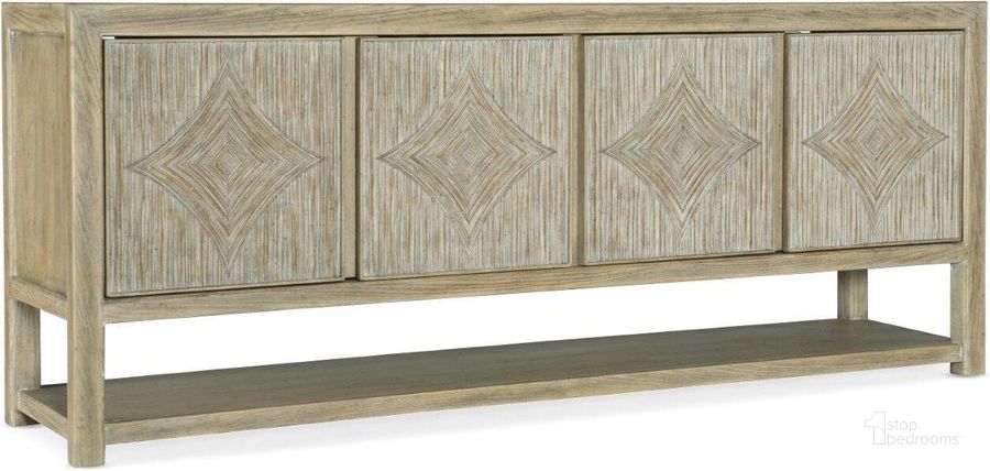 The appearance of Surfrider Entertainment Console designed by Hooker in the transitional interior design. This light wood piece of furniture  was selected by 1StopBedrooms from Surfrider Collection to add a touch of cosiness and style into your home. Sku: 6015-55480-80. Material: Wood. Product Type: Console. Image1