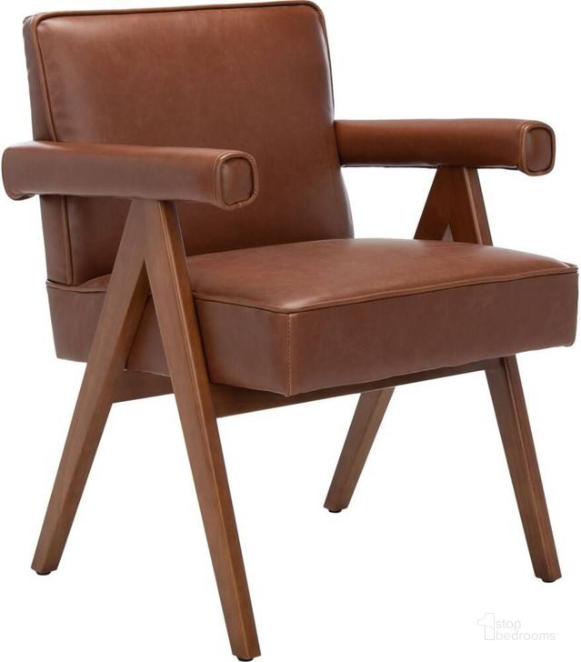 The appearance of Suri Cognac and Walnut Mid Century Arm Chair designed by Safavieh in the modern / contemporary interior design. This cognac piece of furniture  was selected by 1StopBedrooms from Suri Collection to add a touch of cosiness and style into your home. Sku: ACH4508C. Material: Wood. Product Type: Arm Chair. Image1