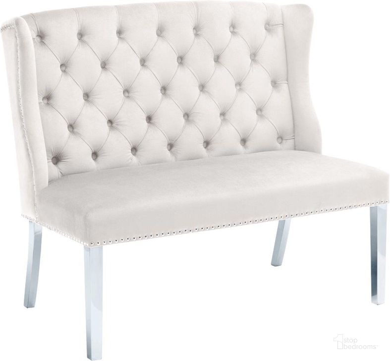The appearance of Suri Cream Settee Bench designed by Meridian in the modern / contemporary interior design. This cream velvet piece of furniture  was selected by 1StopBedrooms from Suri Collection to add a touch of cosiness and style into your home. Sku: 810Cream. Product Type: Bedroom Bench. Material: Velvet. Image1