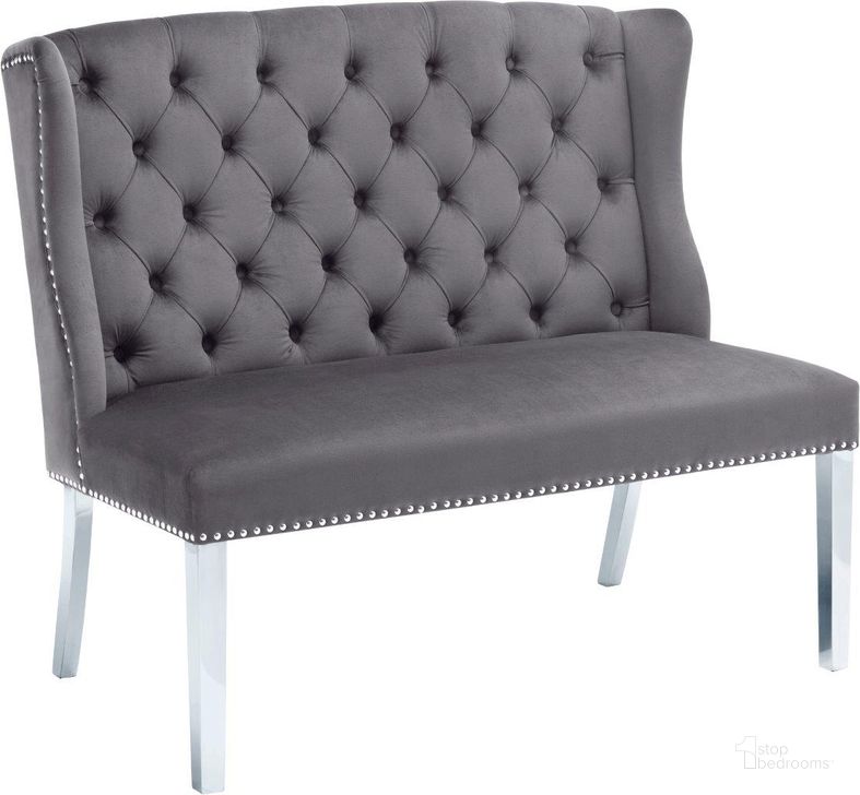 The appearance of Suri Grey Settee Bench designed by Meridian in the modern / contemporary interior design. This grey velvet piece of furniture  was selected by 1StopBedrooms from Suri Collection to add a touch of cosiness and style into your home. Sku: 810Grey. Product Type: Bedroom Bench. Material: Velvet. Image1