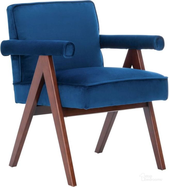 The appearance of Suri Navy and Walnut Mid Century Arm Chair designed by Safavieh in the modern / contemporary interior design. This navy piece of furniture  was selected by 1StopBedrooms from Suri Collection to add a touch of cosiness and style into your home. Sku: ACH4508A. Material: Wood. Product Type: Arm Chair. Image1